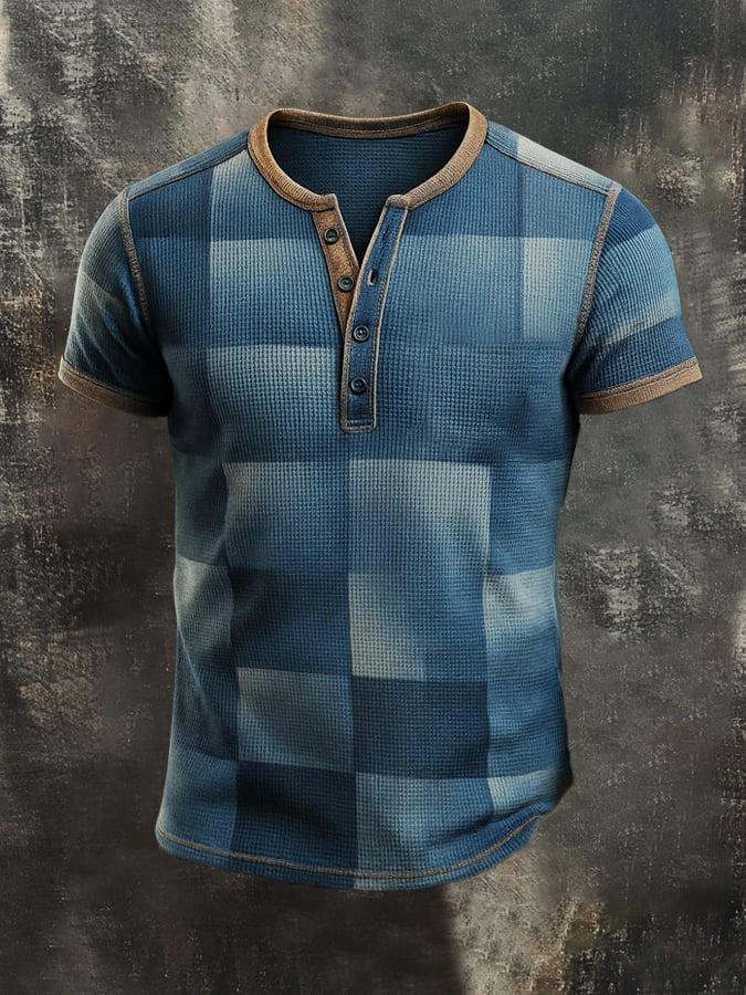 Men's casual waffle print colorblock Henley T-shirt