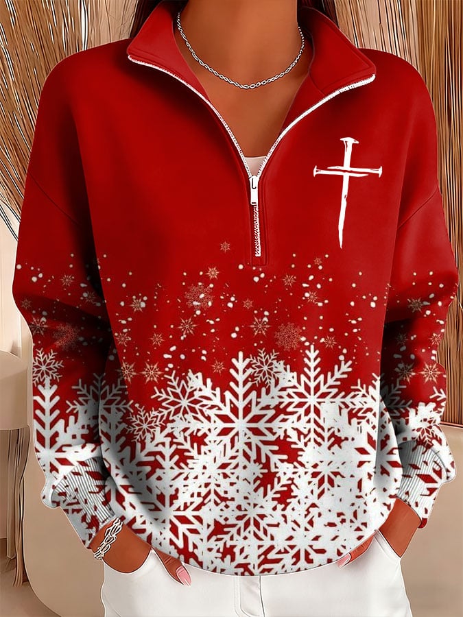 Women's Christmas Cross Print Zipper Stand Collar Sweatshirt