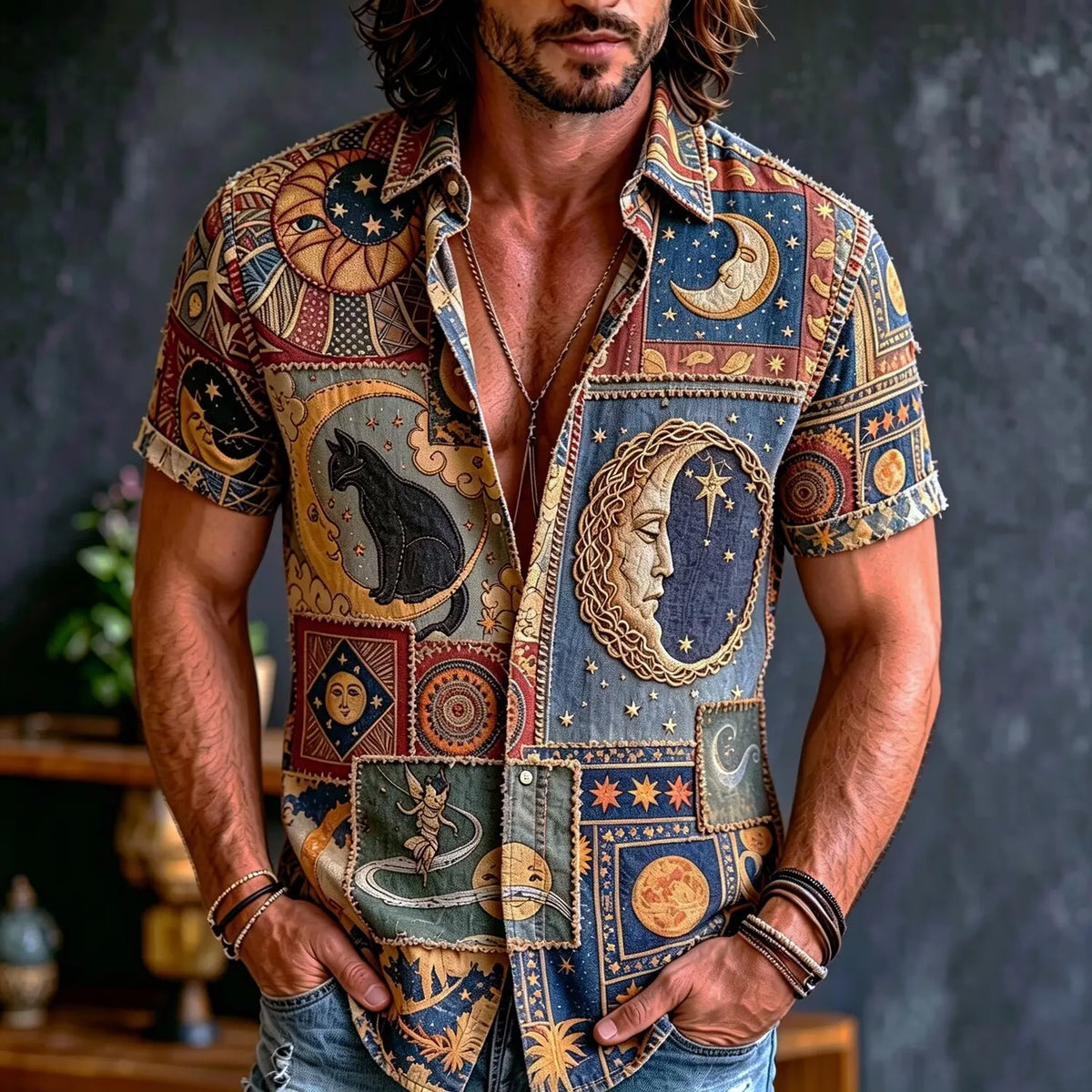 Men's Vintage Celestial Moon Cat Patchwork Boho Print Short Sleeve Buttons Shirt