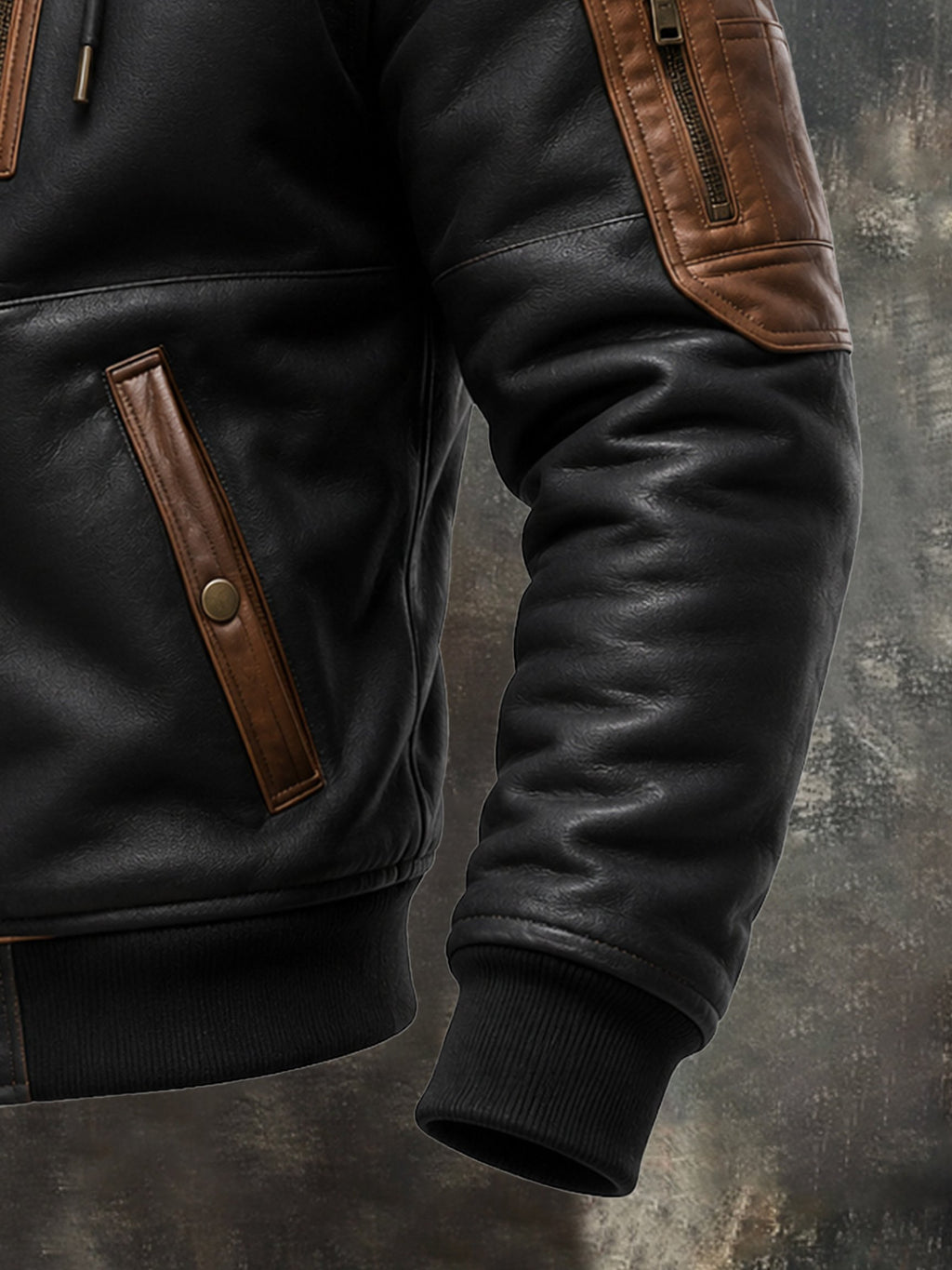 Men's Retro Color-Block Outdoor Fleece-Lined Jacket with Multiple Pockets and Leather Details