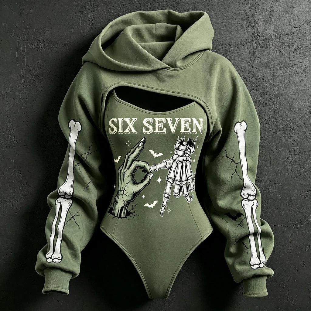 Women's Retro Halloween Six Seven Skull Print Hoodie Two-piece Set