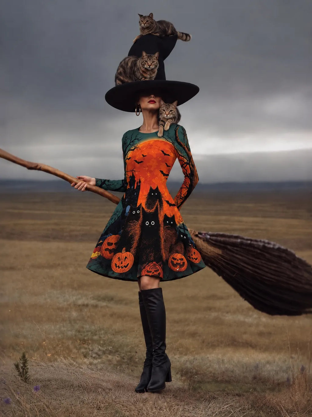 Women's Gothic Halloween Print Long Sleeve Dress – Halloween Costume