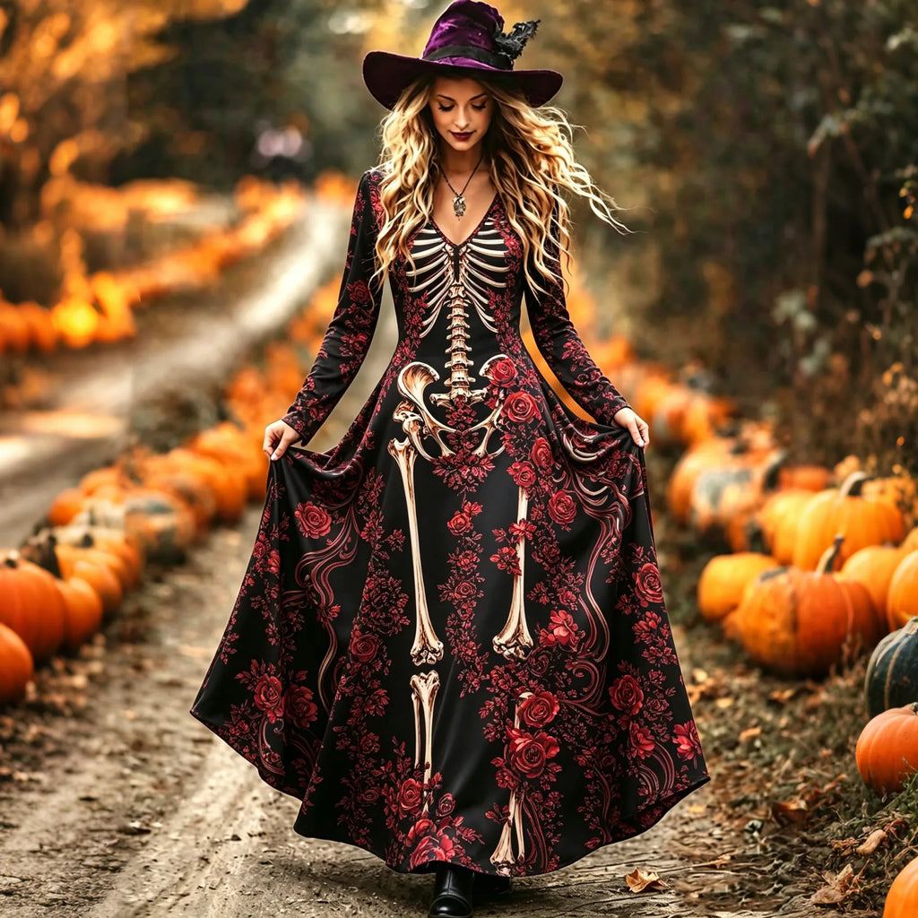 Women's Floral Skeleton Print Halloween V-neck Long Sleeve Dress
