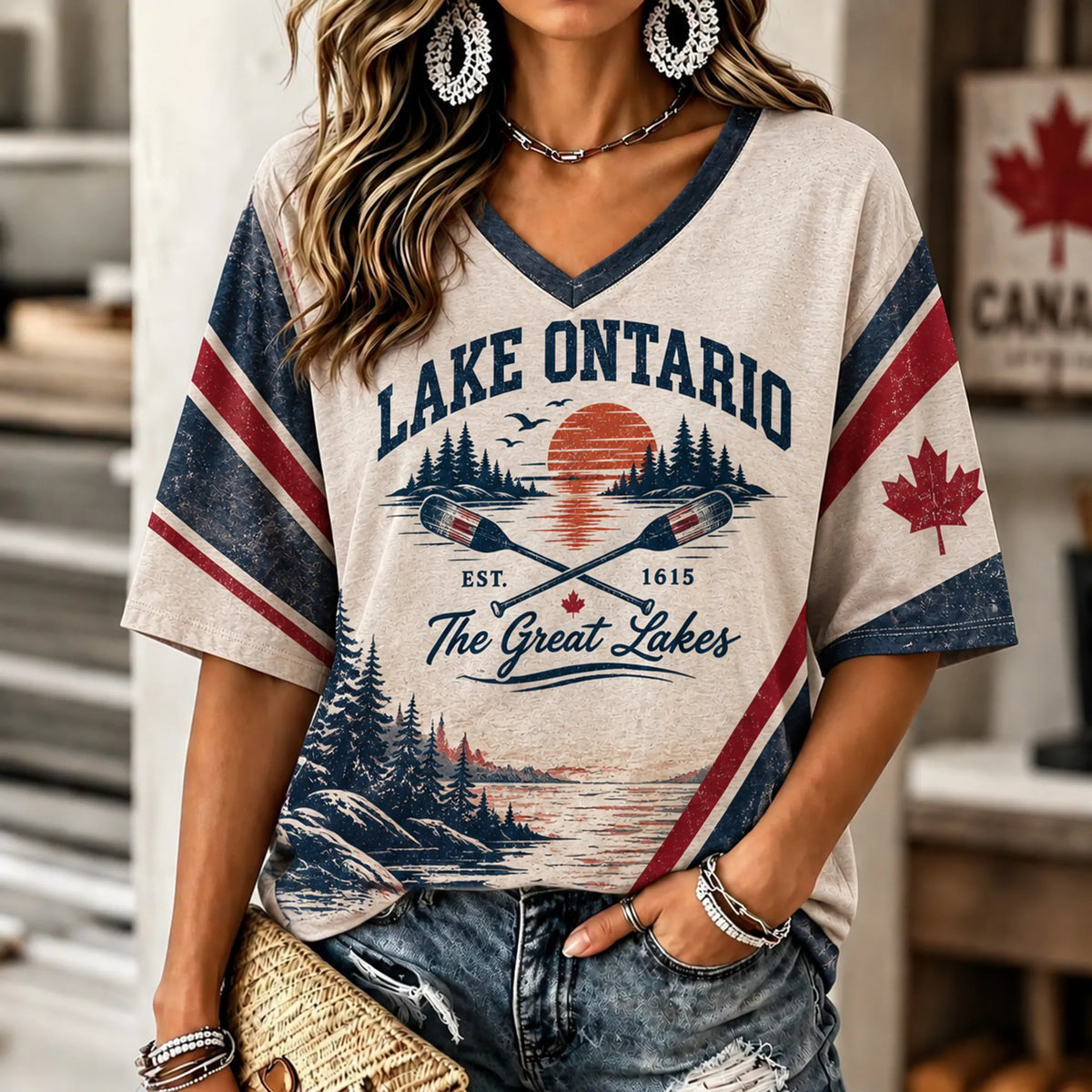 Women's Vintage Lake Ontario V-neck Casual T-shirt
