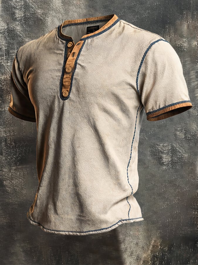 Men's Vintage-Style Distressed Color-Block T-Shirt