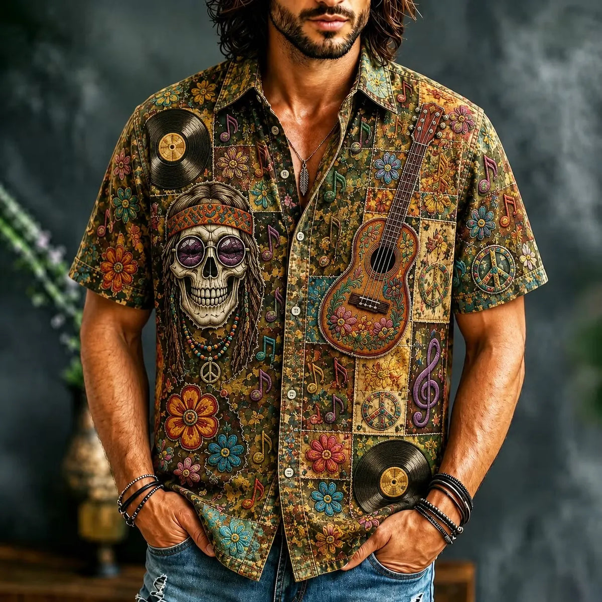 Men's Vintage Floral Skull Guitar Hippie Patchwork Print Short Sleeve Buttons Shirt