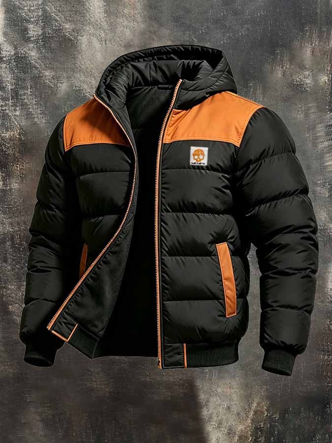 Men's Retro Color-Block Hooded Padded Jacket