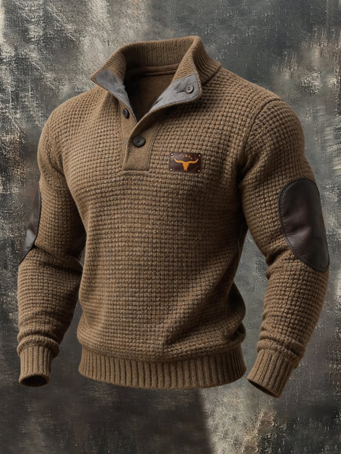 Men's Vintage Color-Block Leather-Trim Button-Front Henley Long-Sleeve Knit Sweater