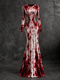 Women's Halloween Bloodstain Skull Print Round Neck Long Dress