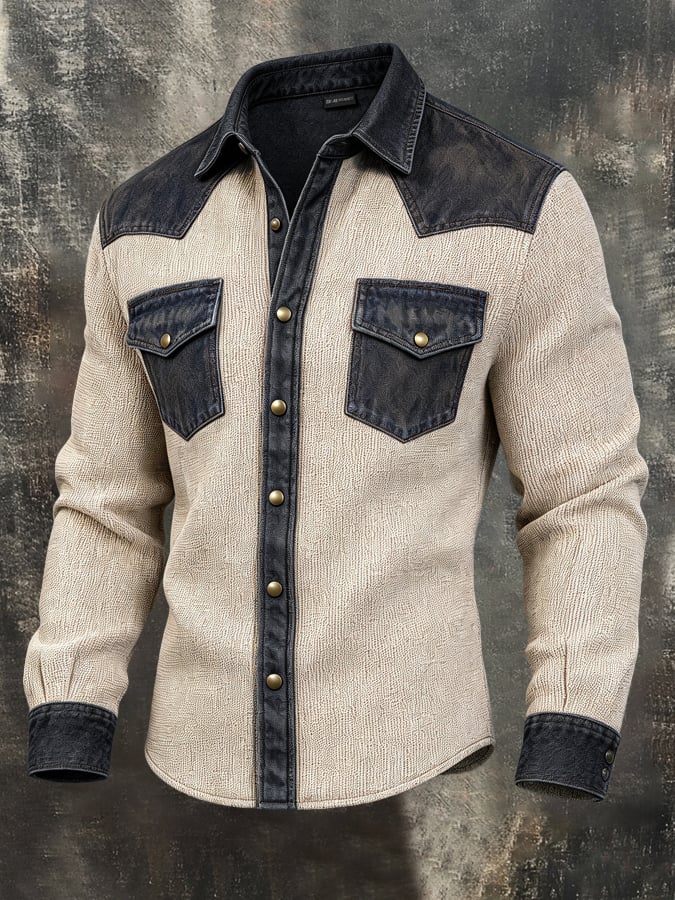 Men's Vintage Western-Style Paneled Denim Long-Sleeve Shirt