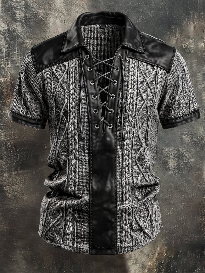 Men's Retro Textured Knit and Leather Panel Lace-Up T-Shirt