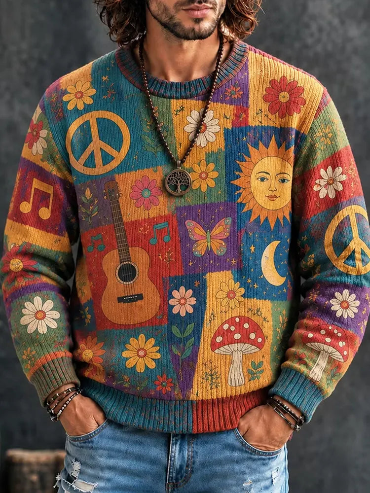Men's Colorful Boho Patchwork Peace Sign and Guitar Motif Print Round Neck Sweater