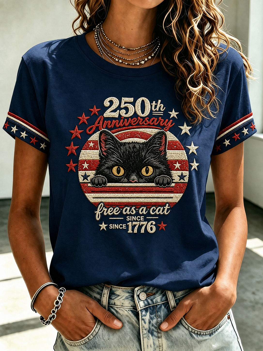 Women's 250 American Flag Cat Embroidered T-shirt