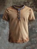 Men's vintage-style Henley print short-sleeved T-shirt
