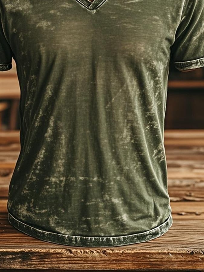 Men's Vintage Distressed Washed Enzyme Washed V-Neck Short Sleeve T-Shirt