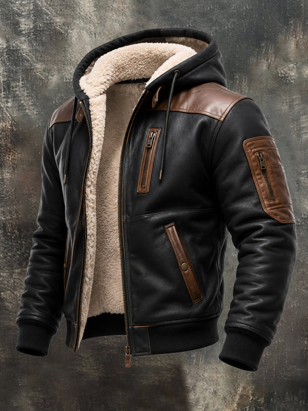 Men's Retro Color-Block Outdoor Fleece-Lined Jacket with Multiple Pockets and Leather Details