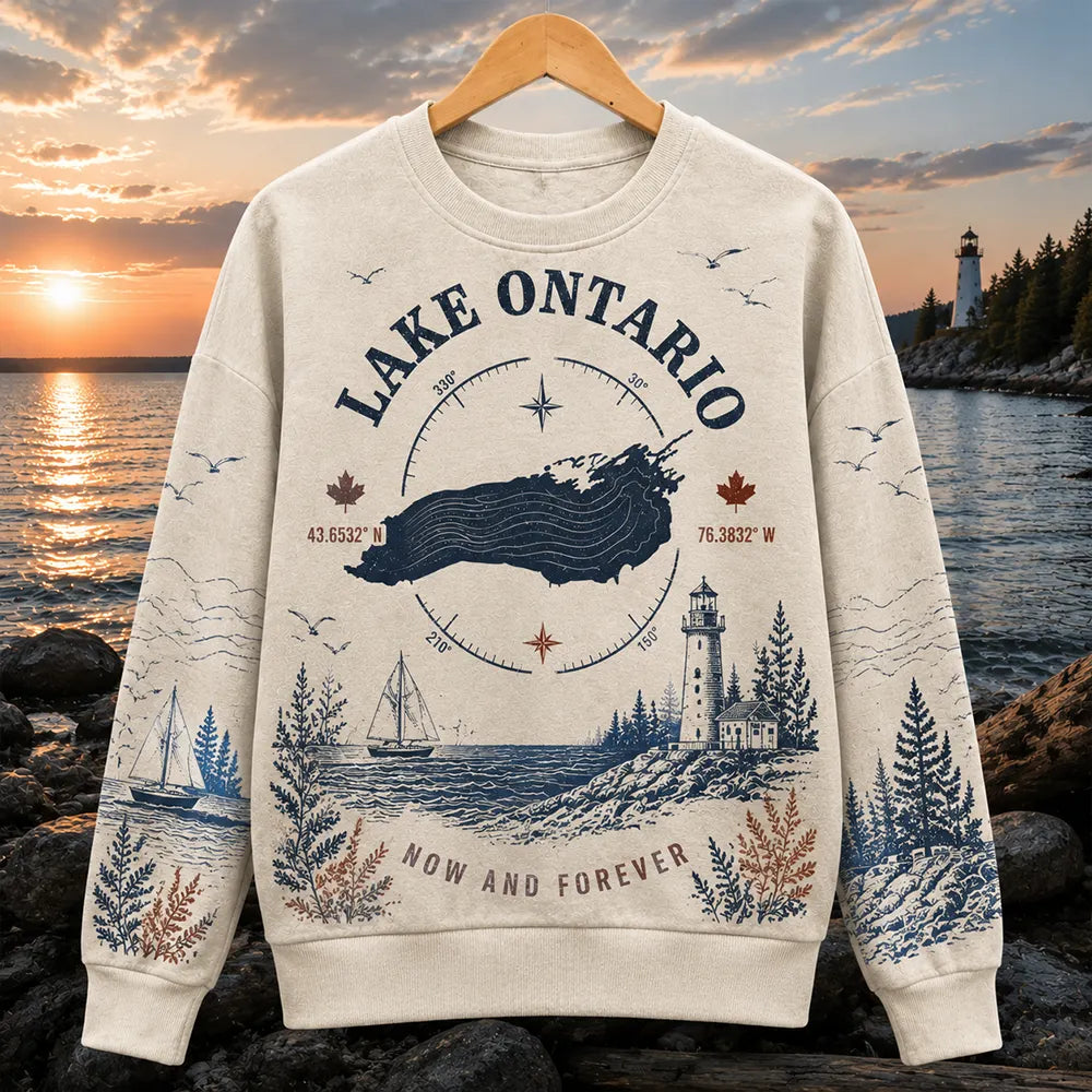 Women's Crewneck Sweatshirt - Vintage Lake Ontario Map, Compass Rose & Lighthouse Print