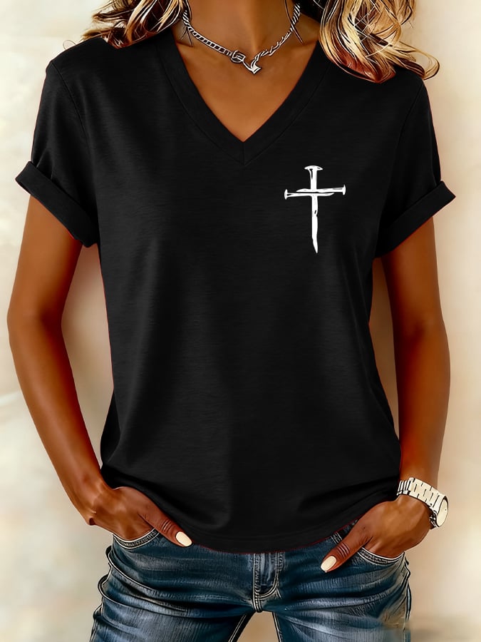 Women's Cross Print V-Neck T-Shirt