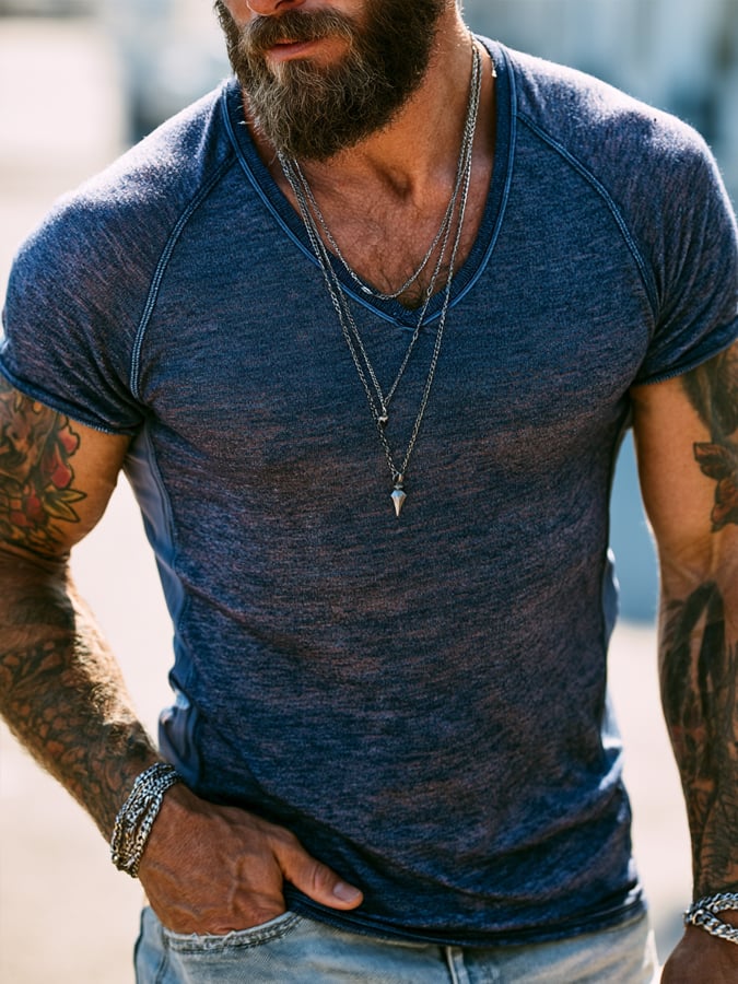 Men'S Fashion Short-Sleeve V-Neck T-Shirt With Contrast-Color Cotton Paneling