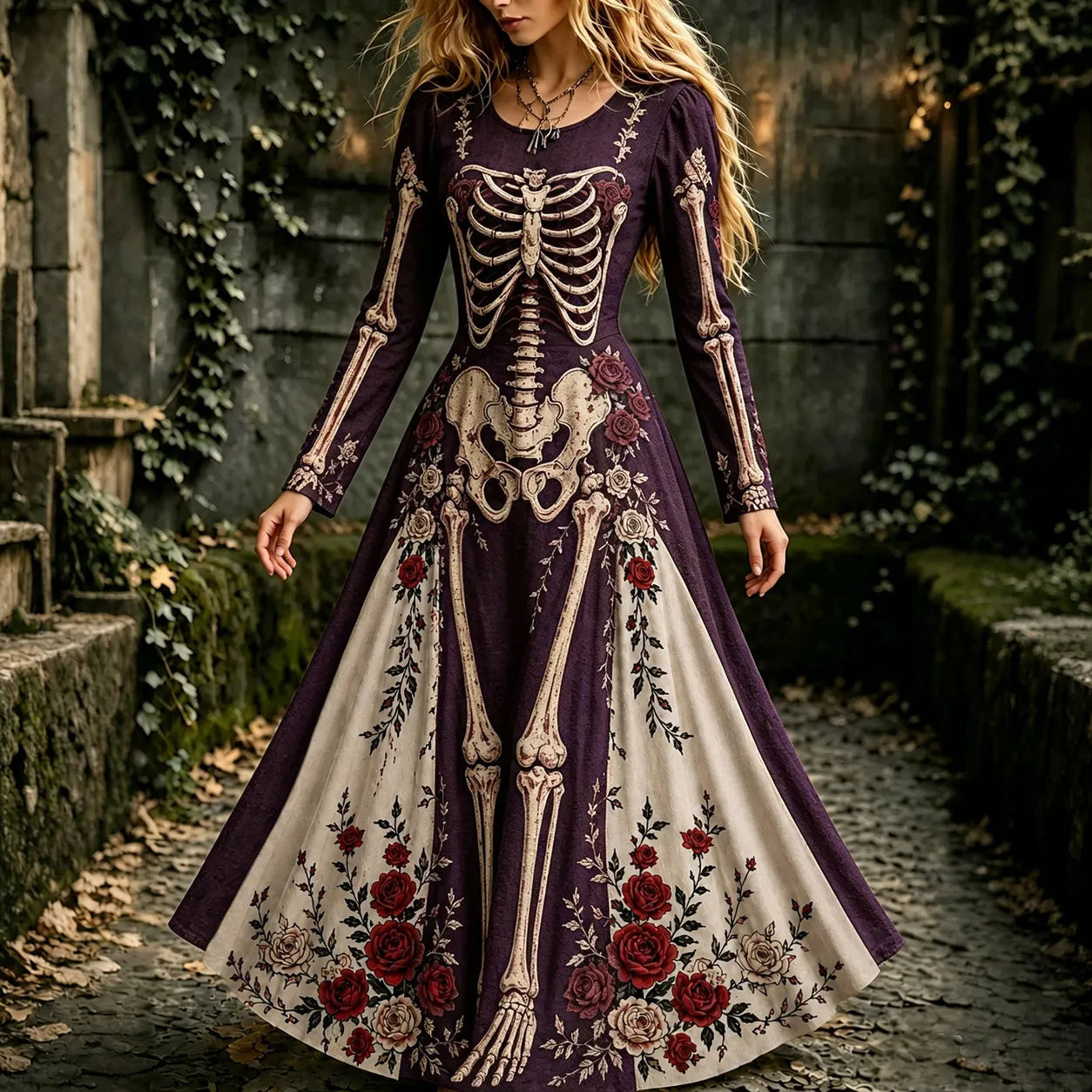 Women's Halloween Gothic Skeleton & Floral Long-sleeve Maxi Dress