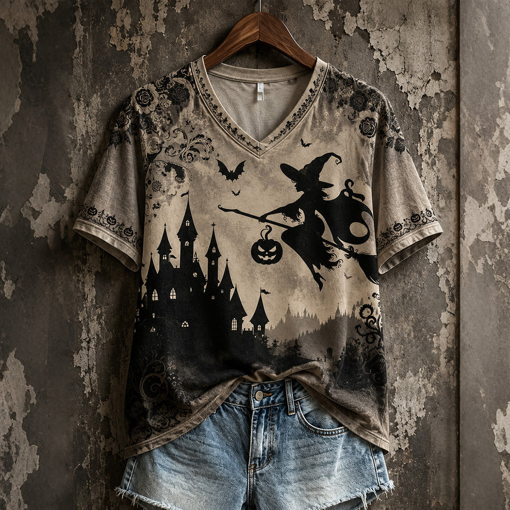 Female Witch Castle Floral Bat Pumpkin Print Halloween Retro V-neck Short Sleeve T-shirt