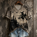 Female Witch Castle Floral Bat Pumpkin Print Halloween Retro V-neck Short Sleeve T-shirt