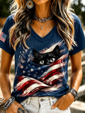 Women's V Neck Black Cat Hidden In American Flag Print Short Sleeve T-Shirt