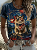 Women'S Casual Patriotic Cat Printed Short Sleeved T-Shirt