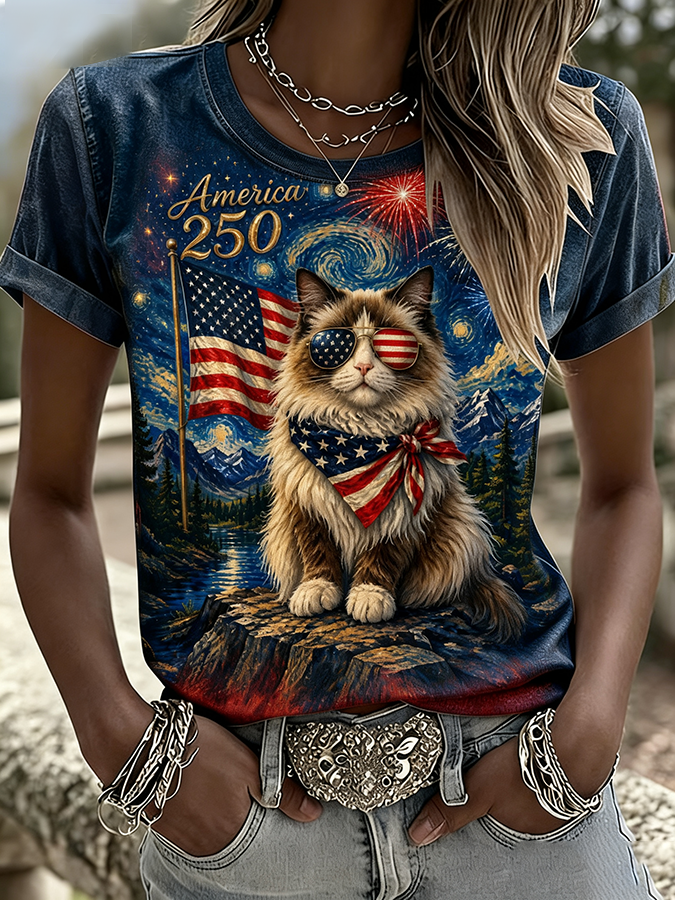Women'S Casual Patriotic Cat Printed Short Sleeved T-Shirt