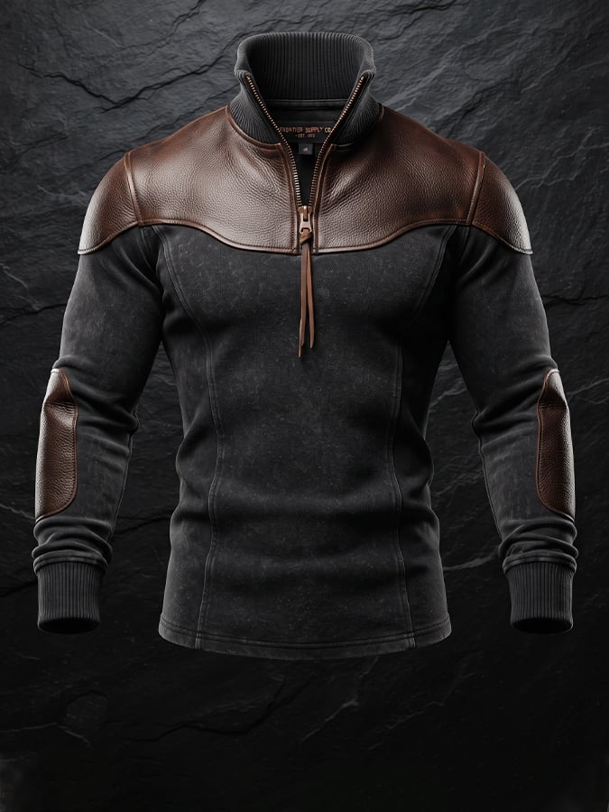 Men's Retro Faux Leather-Panel Comfortable Sweatshirt