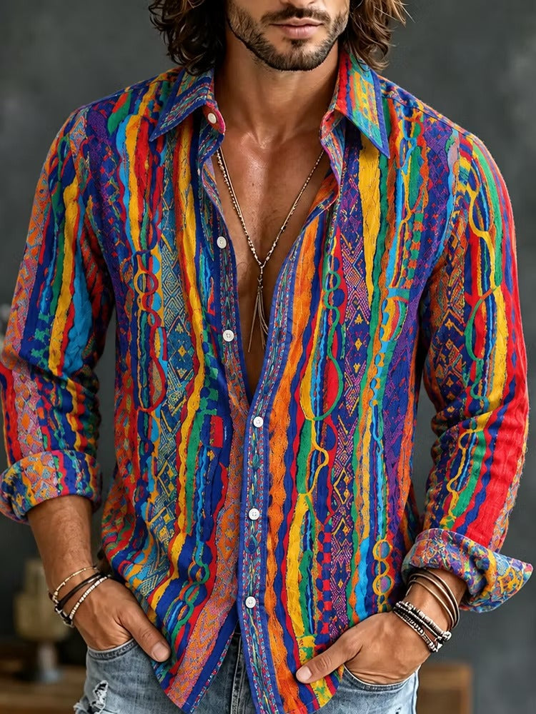 Men's Vibrant Vertical Ethnic Stripes Print Long Sleeve Shirt