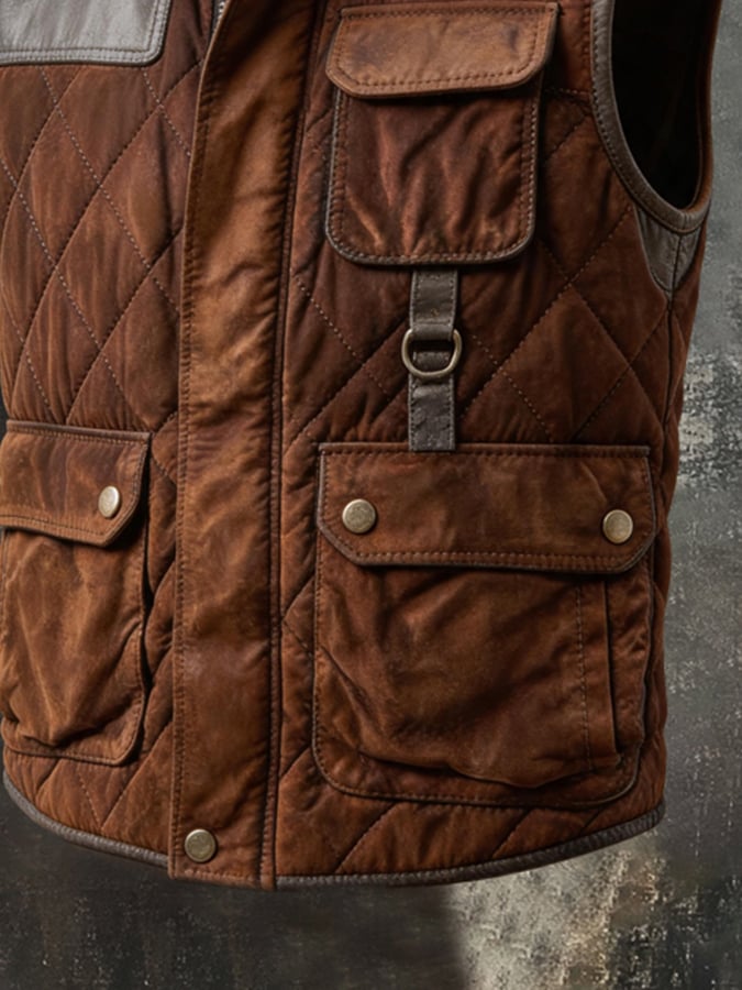 Men's Vintage Multi-Pocket Paneled Leather Vest Jacket