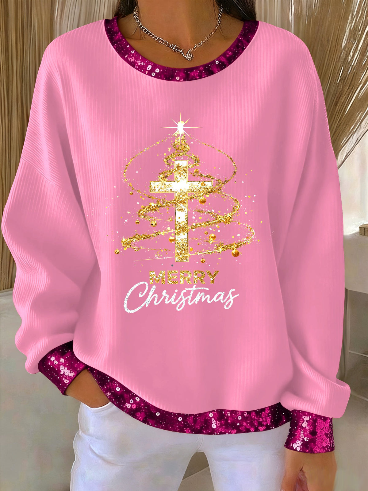 Women's Christmas Faith Cross Print Casual Sweatshirt