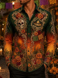 Men's Day Of The Dead Calavera Sombrero Scroll Papel Picado Marigold Print Long Sleeve Shirt