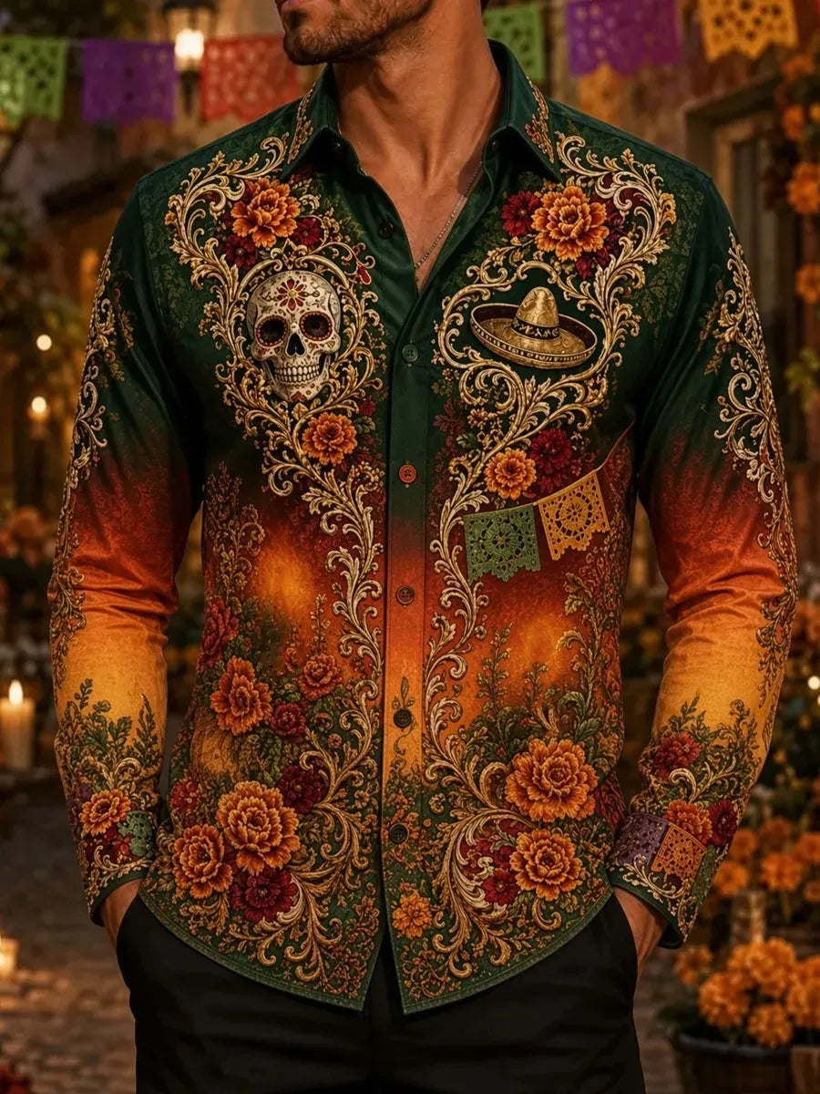 Men's Day Of The Dead Calavera Sombrero Scroll Papel Picado Marigold Print Long Sleeve Shirt