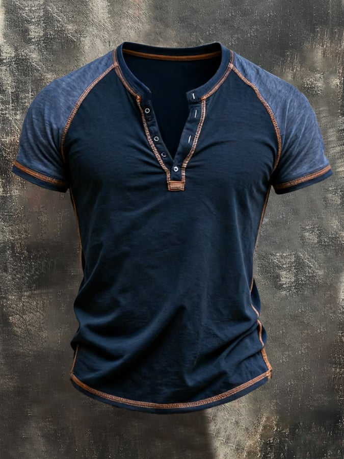 Men's Retro Color-Block Short-Sleeve Henley Shirt