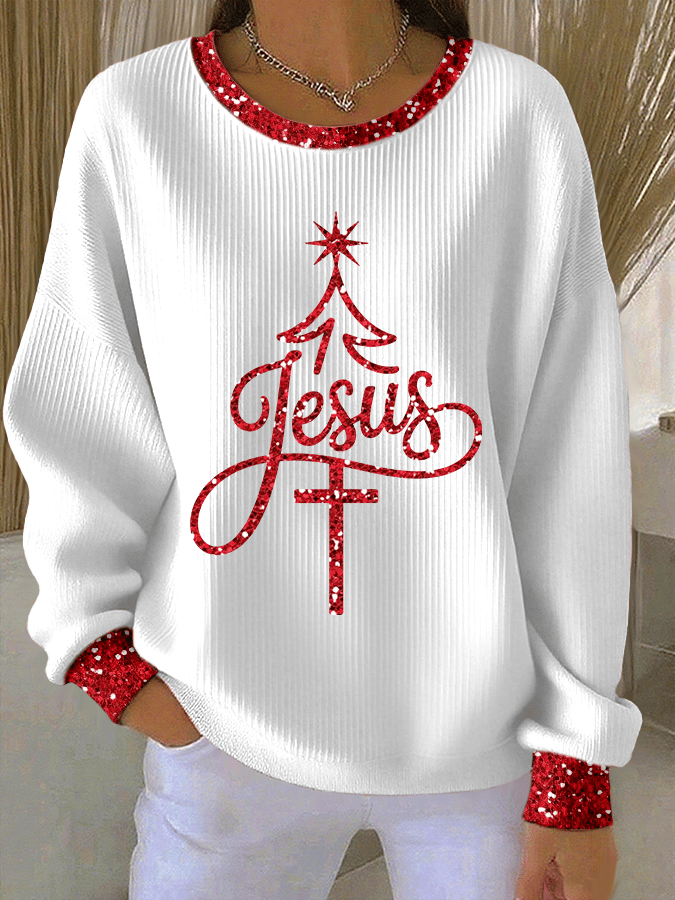 Women's Christmas Faith Print Knit Crew Neck Long Sleeve Top