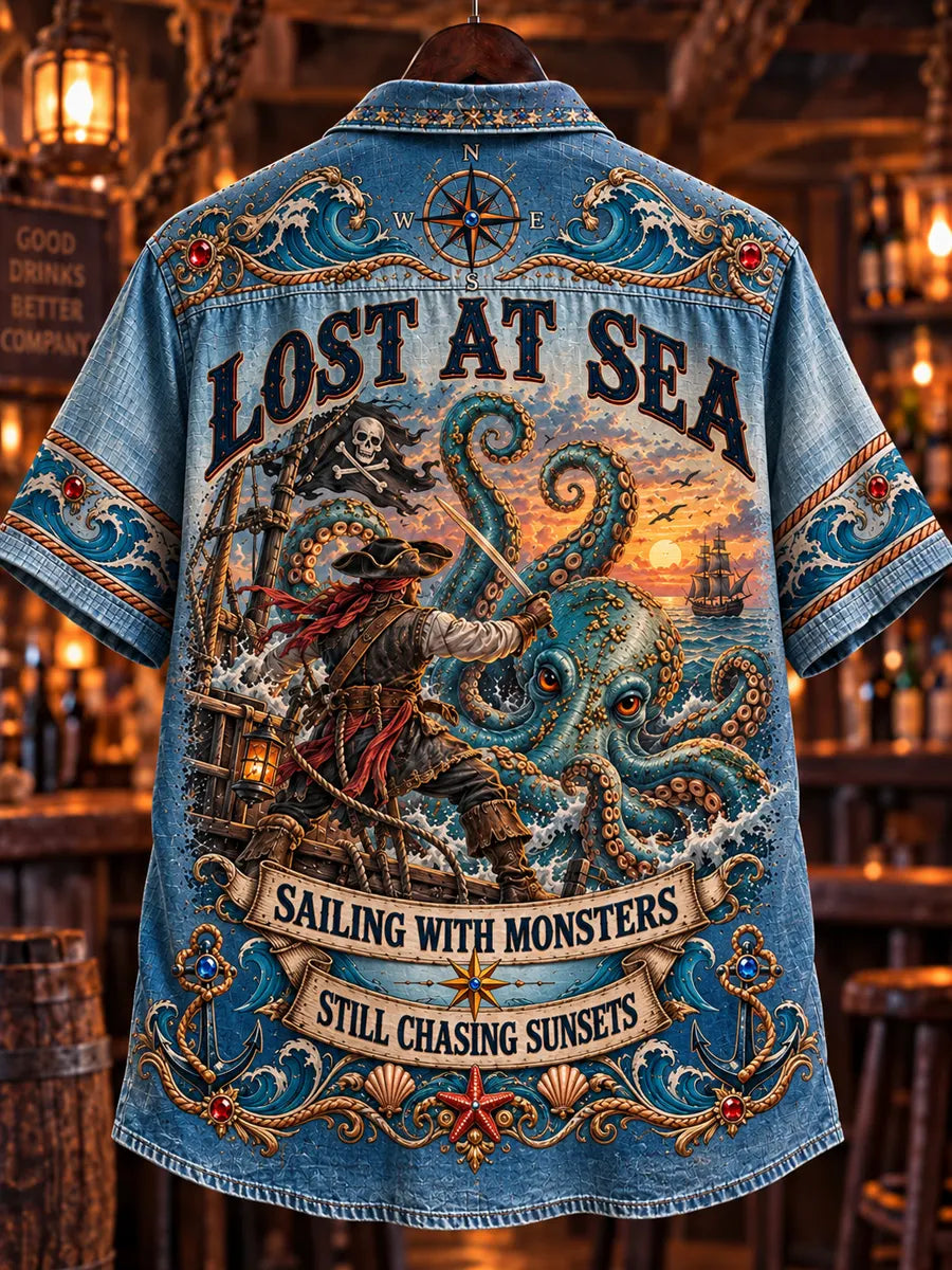 Men’s Vintage  "LOST AT SEA " Old Salt Printed Short Sleeve Shirt