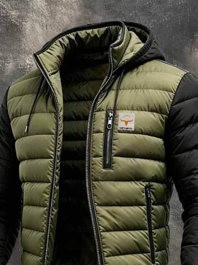 Men's Retro Color-Block Padded Down Jacket (Detachable Hood)