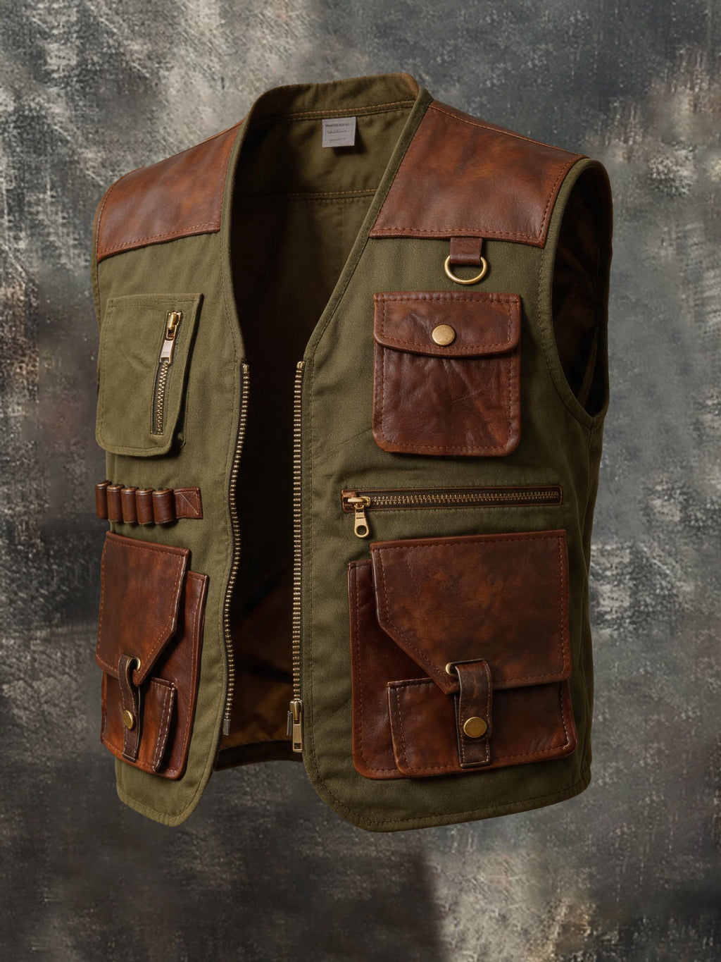 Men's Retro Leather-Panelled Multifunctional Multi-Pocket Outdoor Vest