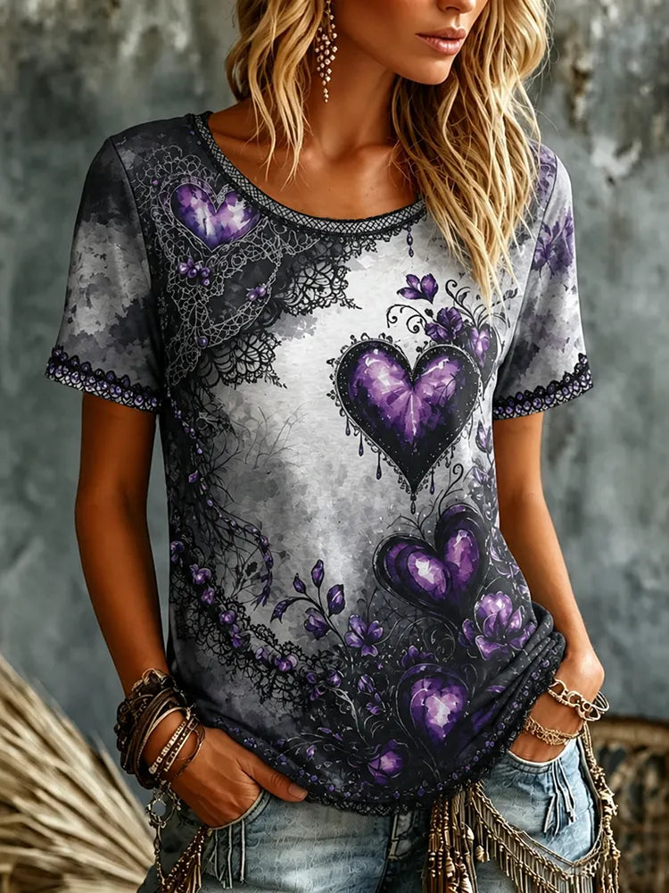 Women's Retro Heart Floral Dark Round Neck Short Sleeve T-shirt