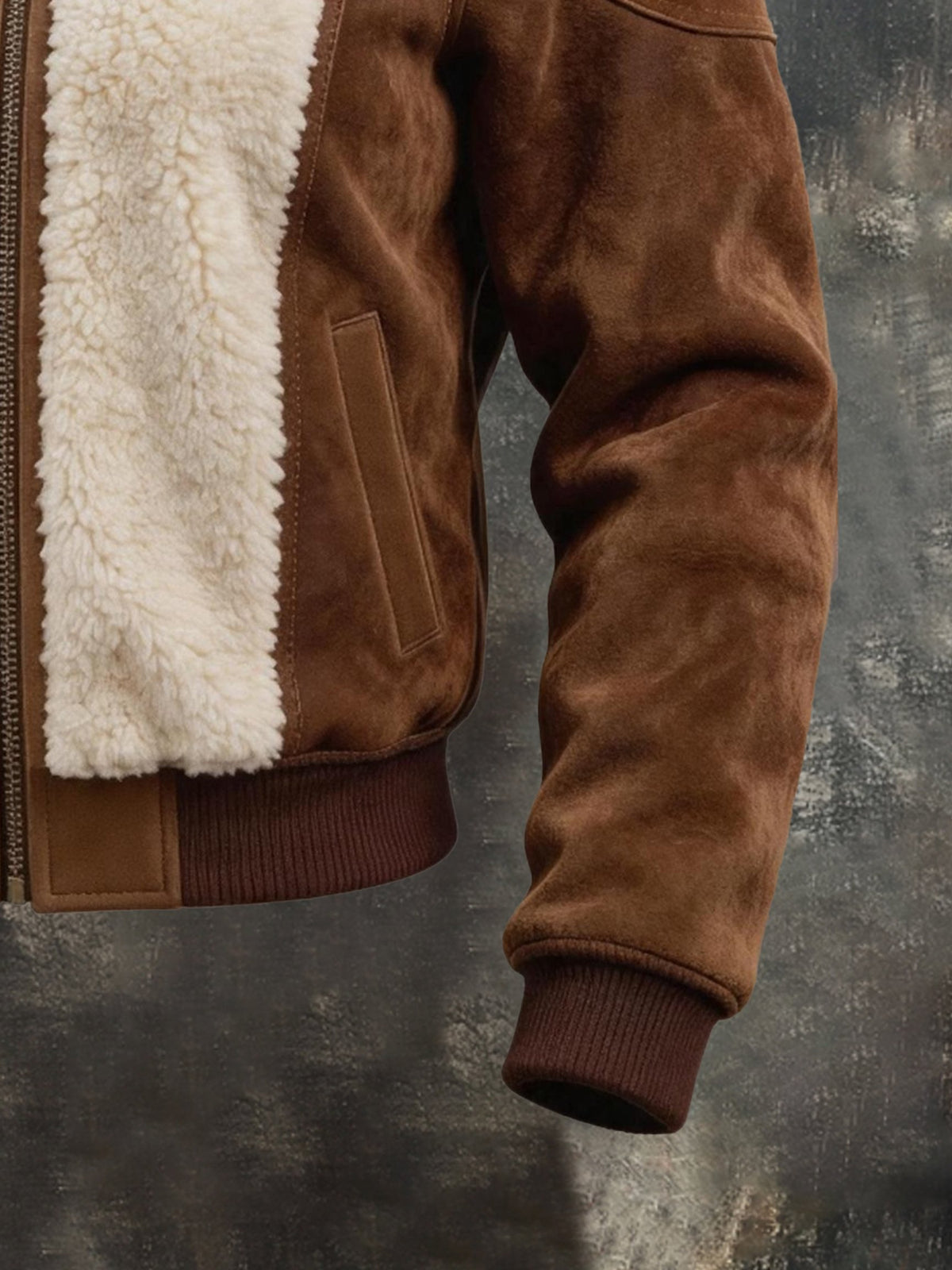 Men’s Vintage-Style Leather-Paneled Shearling Jacket with Contrasting Lapel