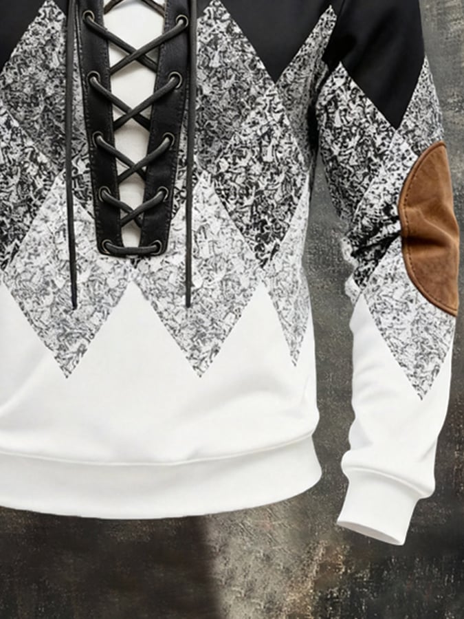 Men'S Fashion Color-Block Long-Sleeve Sweatshirt With Leather Paneling, Lace-Up Detail, And Collar