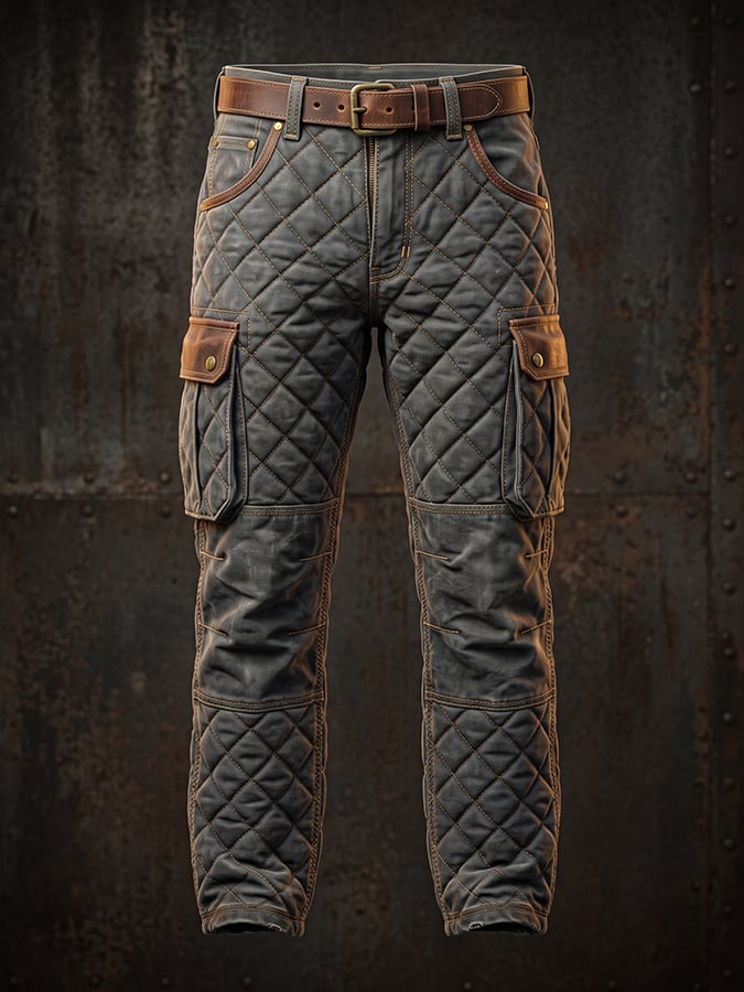 Men's Retro Multi-functional Cargo Pants with Textured Grid Pattern