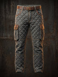 Men's Retro Multi-functional Cargo Pants with Textured Grid Pattern
