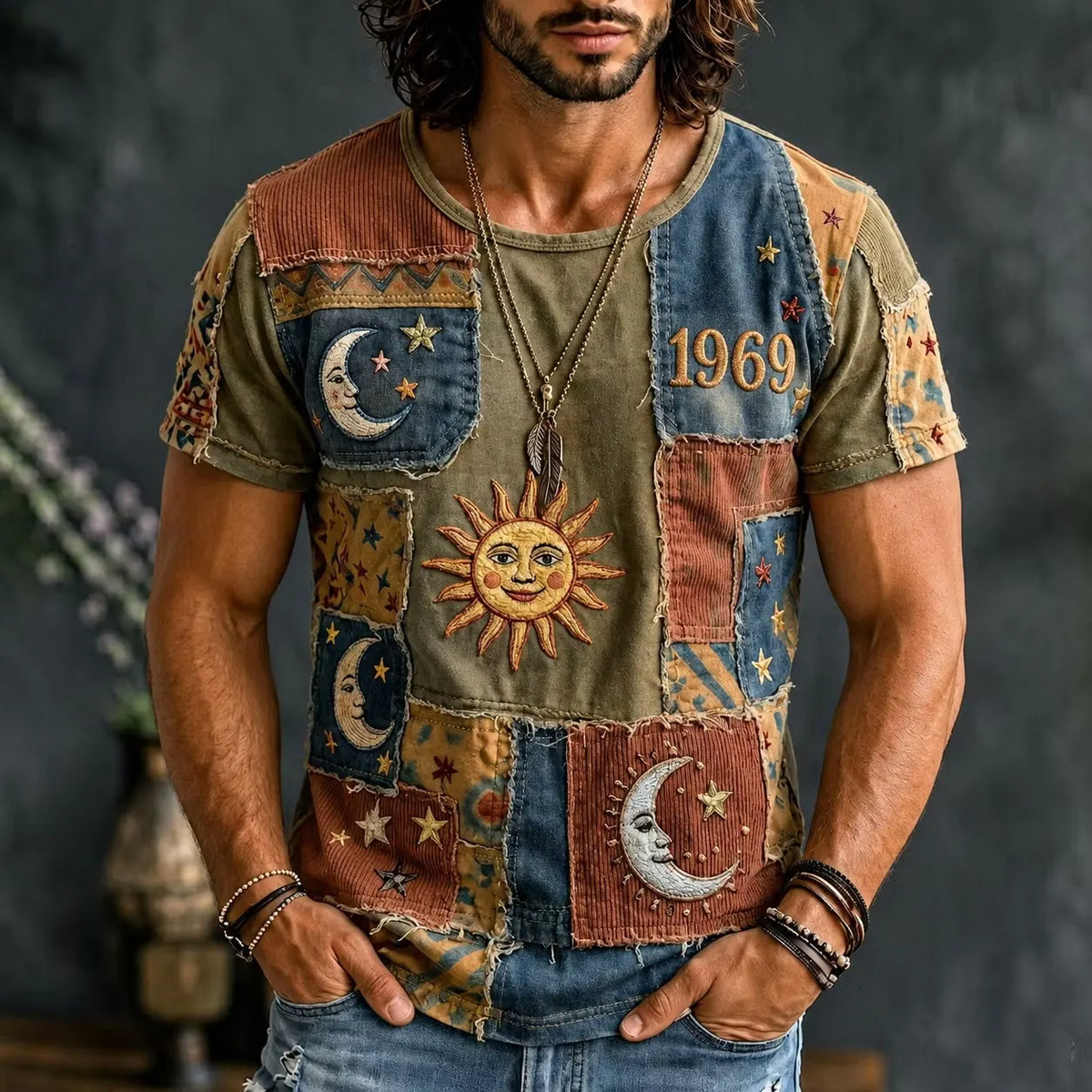 Men's Smiling Sun Moon Face Star Patch Graphic Print Crew Neck Short Sleeve T-Shirt