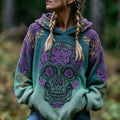 Women's Retro Viking Skull And Rose Pattern Casual Warm Hooded Sweater