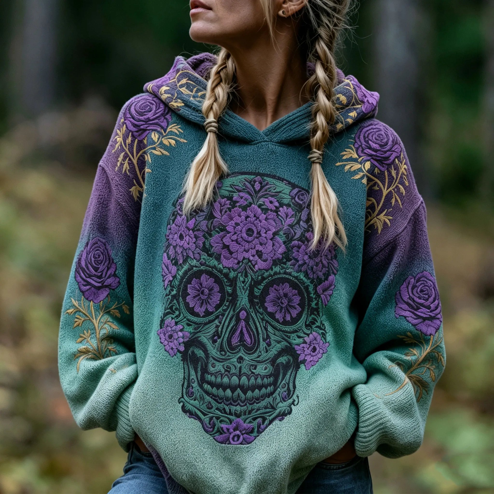 Women's Retro Viking Skull And Rose Pattern Casual Warm Hooded Sweater