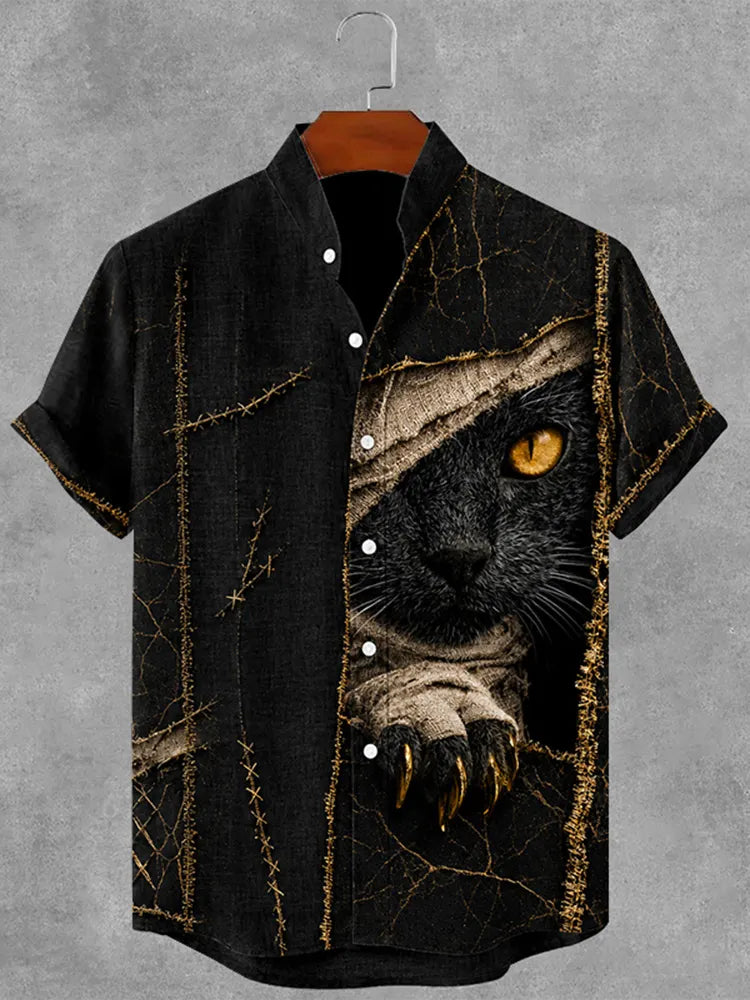 Men's Gothic Bandage Black Cat Art Short Sleeve Linen Shirt