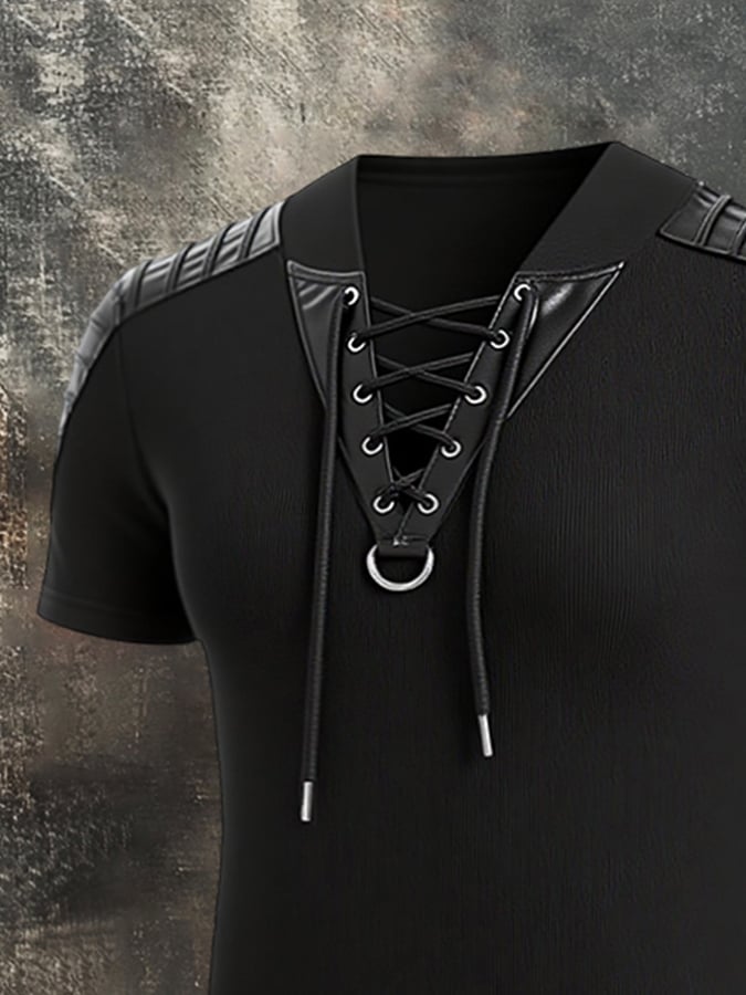Men's patchwork print T-shirt with leather tie collar